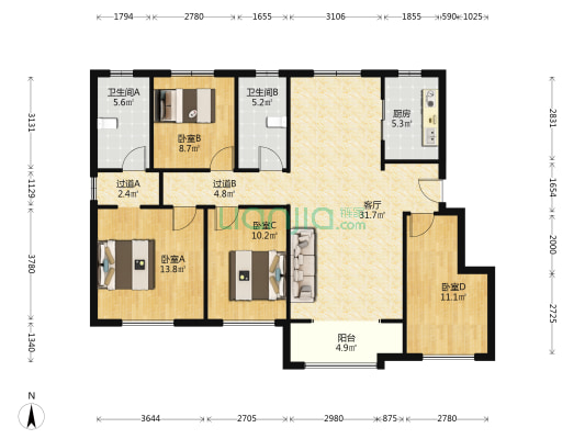 星河国际辰雅欣苑 4室1厅2卫 135平方
