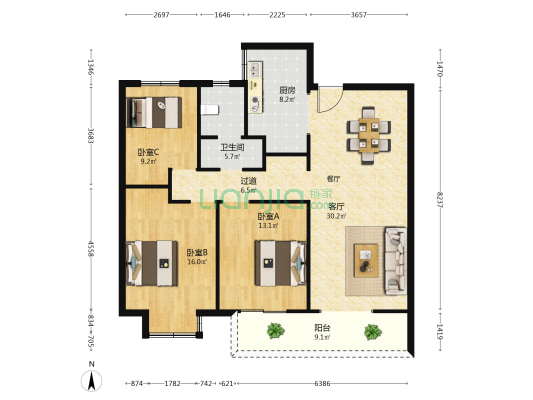 瑺园 3室1厅1卫 130平方