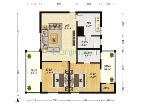 南苑大厦 2室1厅2卫 117平方
