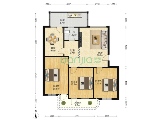 新景花園 3室2厅1卫 103平方