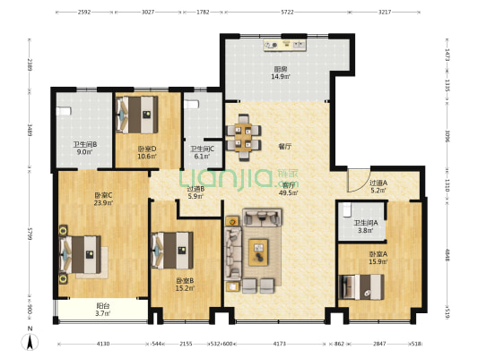 格调瑰丽花园 4室1厅3卫 207平方