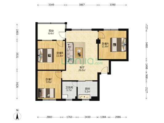 祥景花园A区 3室1厅1卫 96平方