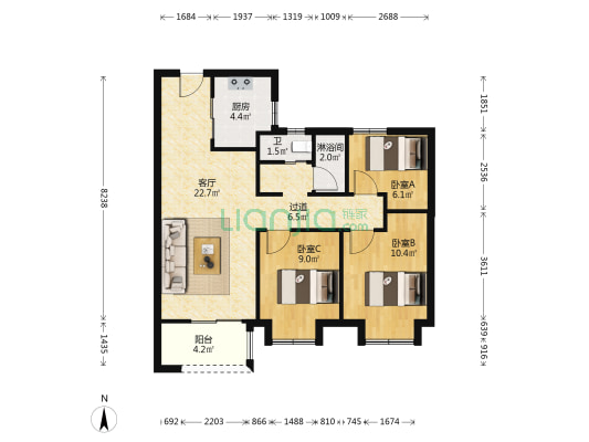 蔚蓝城市花园 3室1厅2卫 92平方