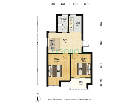 东方绿洲 2室1厅1卫 62平方