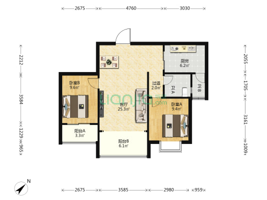 椰子郎花园 2室1厅2卫 83平方