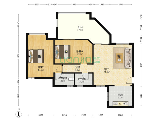 居礼润园 2室1厅2卫 126平方