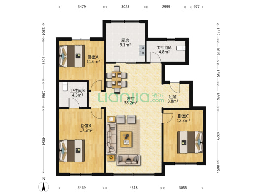 五彩阳光城三期(文博府) 3室1厅2卫 128平方