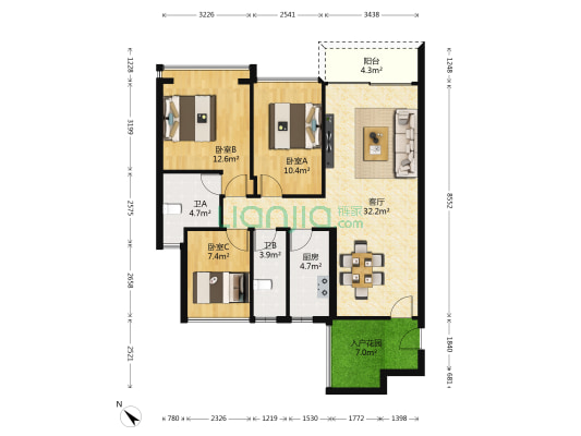 九洲海誉居 3室1厅2卫 113平方
