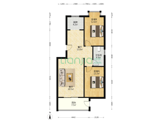 房本满二，南北通透格局，采光好，一楼带院，带地下室-户型图