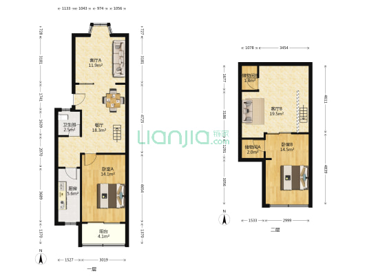 江南公寓 2室3厅1卫 91平方