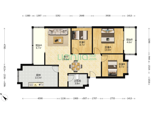 芦笛苑 3室1厅1卫 98平方