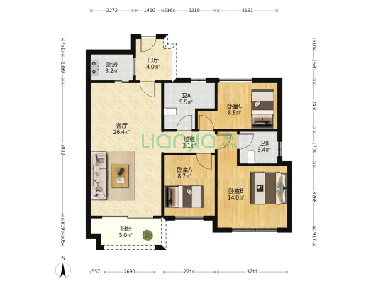 嘉裕豪庭 3室1厅2卫 93平方