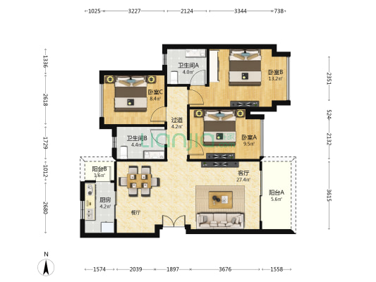 金科博翠山 3室1厅2卫 102平方