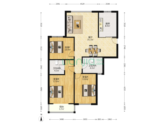 明辉苑 3室1厅2卫 125平方