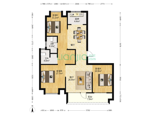 联发红墅东方 3室1厅2卫 129平方