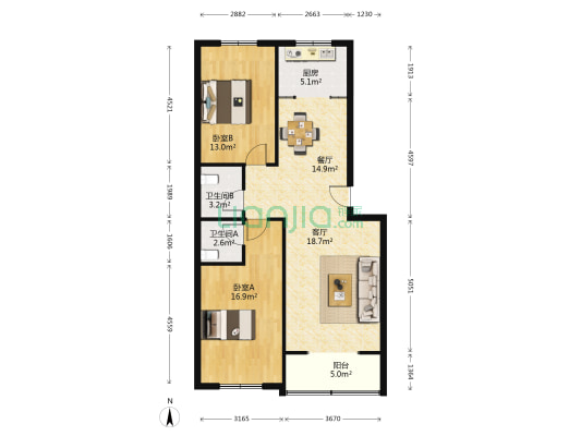 向阳花园 2室2厅2卫 99平方