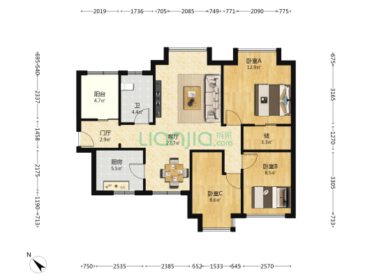 一环路北三段55号 3室1厅1卫 89平方