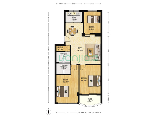 岭下路68号 3室1厅2卫 105平方