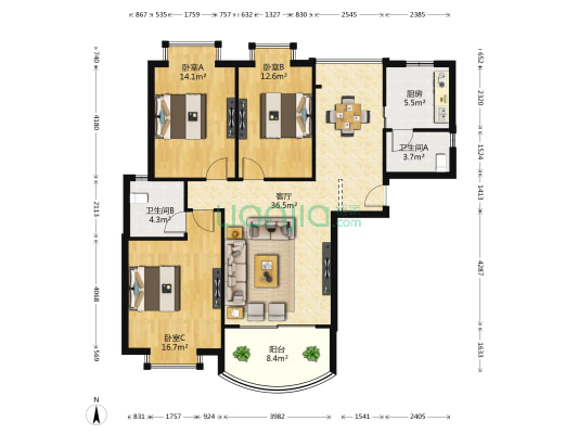 水岸皇庭 3室1厅2卫 120平方