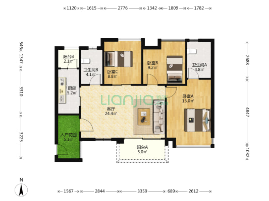 富力悦禧花园 3室1厅2卫 98平方