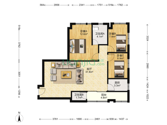置地大厦 3室1厅2卫 101平方