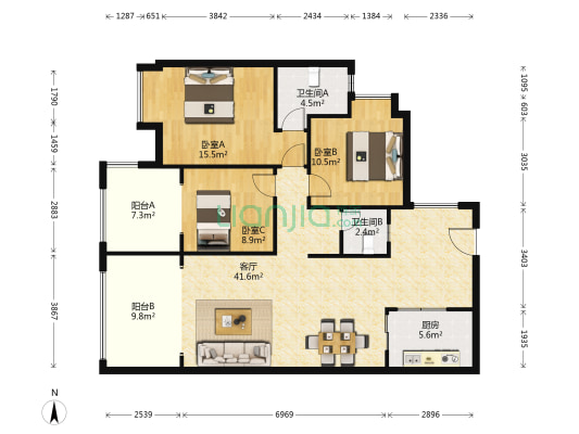 华芝万象城 3室1厅2卫 93平方