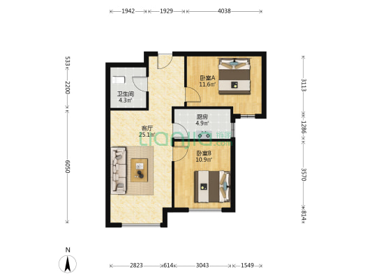 南向2居 户型方正 全天采光 视野开阔-户型图