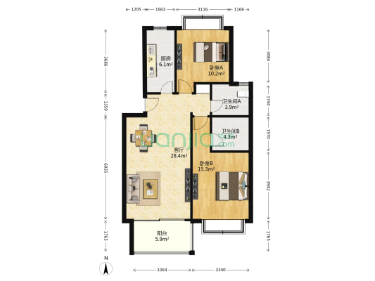 虹莘家园 2室1厅2卫 88平方