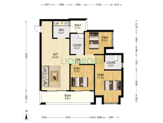 江山云著B区 3室1厅2卫 99平方