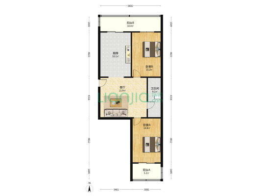 同心花园 2室1厅1卫 104平方