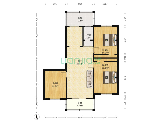 中小企业局宿舍 3室1厅1卫 103平方
