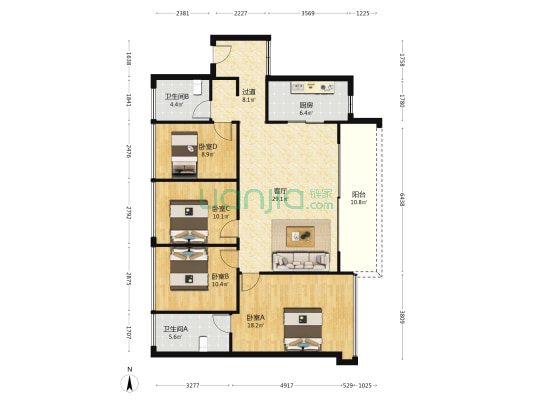 越秀和樾府三期 4室1厅2卫 130平方