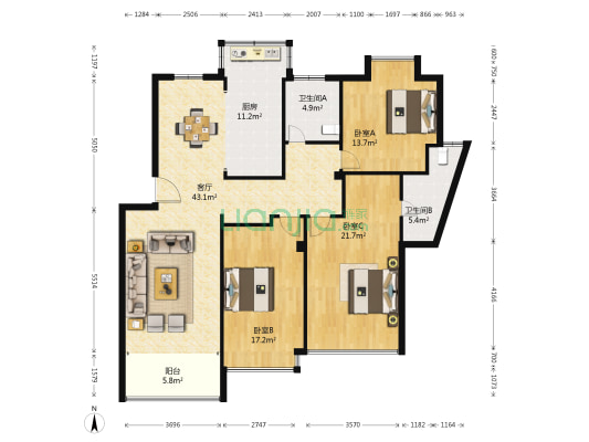 联兴家园 3室1厅2卫 144平方