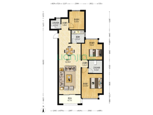 星河名府 3室1厅2卫 103平方
