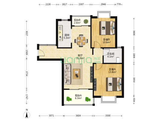 新里梵顿公馆香榭丽舍区 2室1厅1卫 95平方