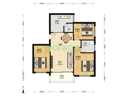 四海花园 3室1厅2卫 86平方