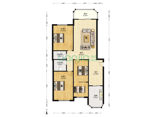 名流公寓 4室2厅2卫 139平方