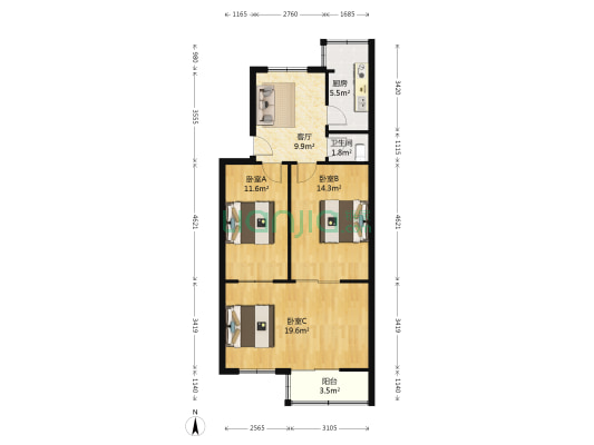 经八路5号 3室1厅1卫 56平方