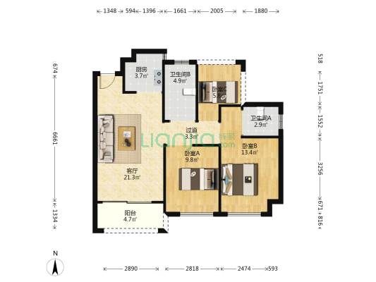 君瑞华府 3室1厅2卫 88平方