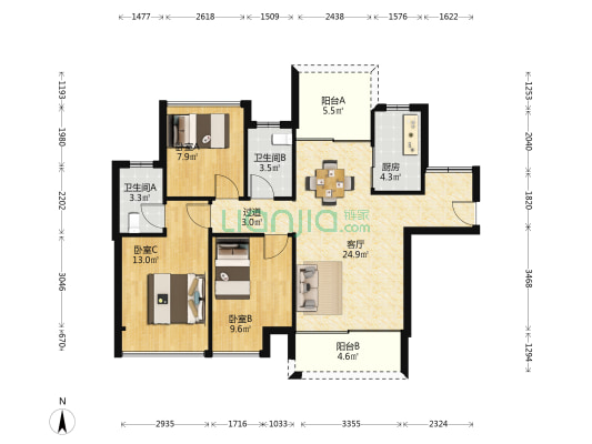 万隆大厦 3室1厅2卫 105平方