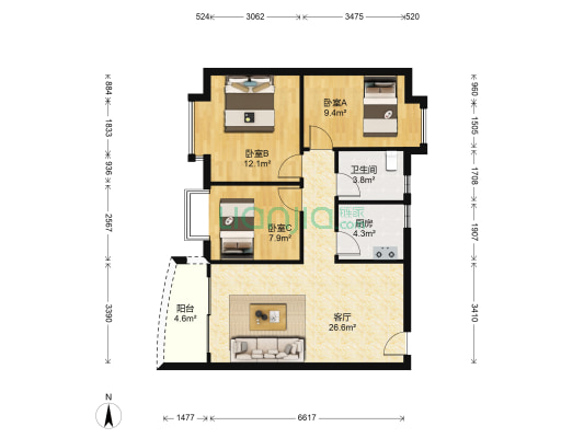 金碧新城 3室1厅1卫 85平方