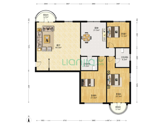 龙溪村 3室1厅2卫 174平方