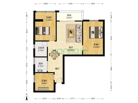 国投宿舍 3室1厅1卫 100平方