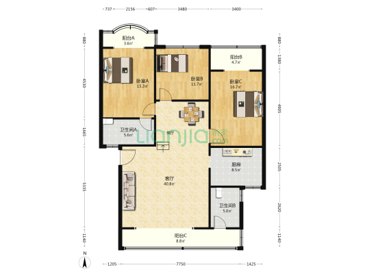 春风苑 3室1厅2卫 130平方