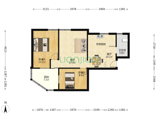 五十五所宿舍区 2室2厅1卫 92平方