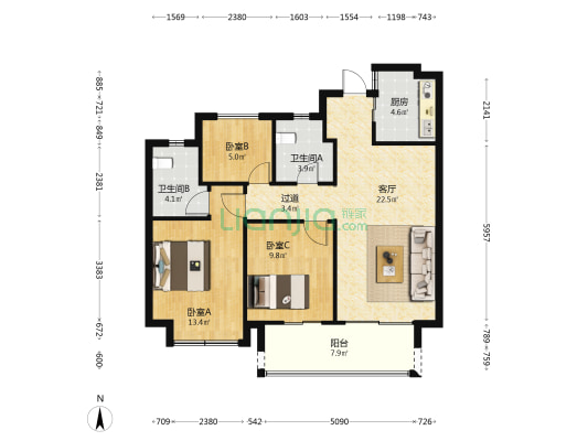 锦江府 3室1厅2卫 89平方
