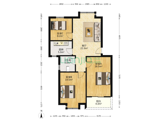 竹山佳苑 3室1厅1卫 89平方