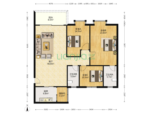 东森华庭 3室1厅2卫 138平方