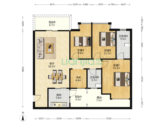 金宝山庄 4室1厅2卫 121平方