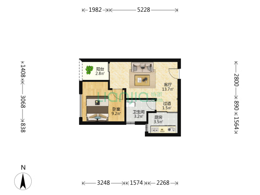 国速世纪大厦 1室1厅1卫 51平方